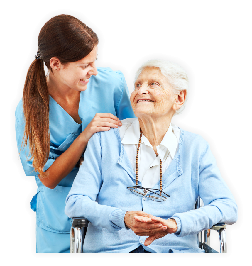 a female caregiver taking care of an elderly woman